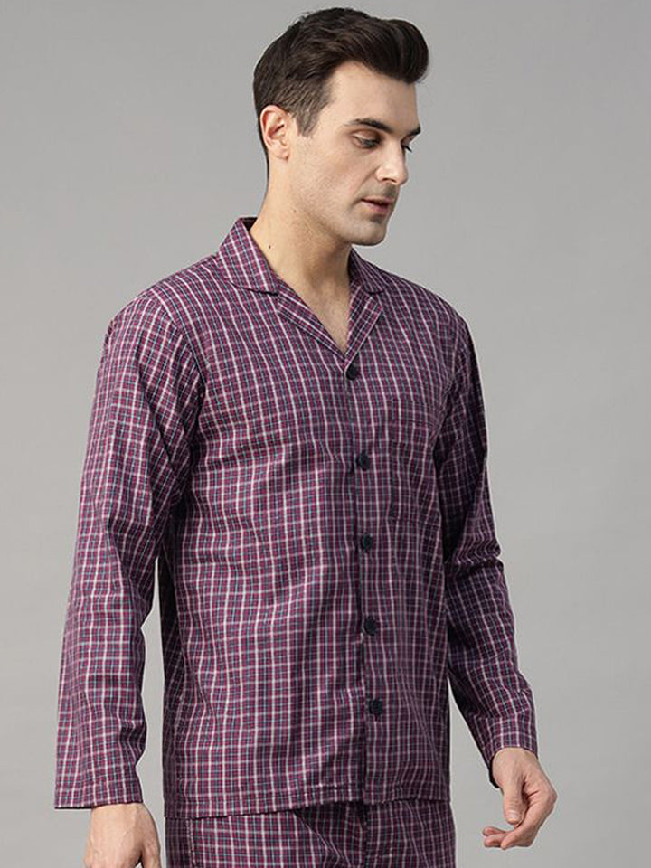 Hancock Men Purple Checked Pure Cotton Relaxed Fit Casual Night Suit