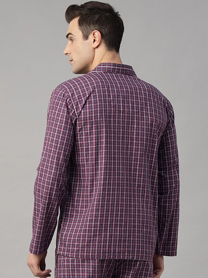 Hancock Men Purple Checked Pure Cotton Relaxed Fit Casual Night Suit