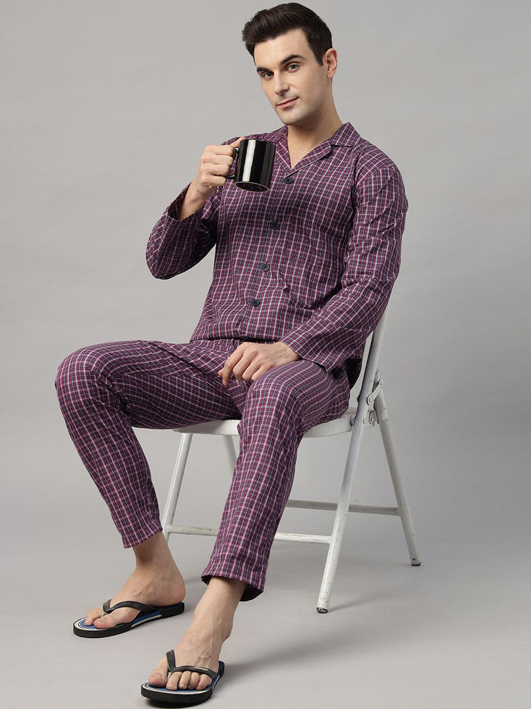 Hancock Men Purple Checked Pure Cotton Relaxed Fit Casual Night Suit