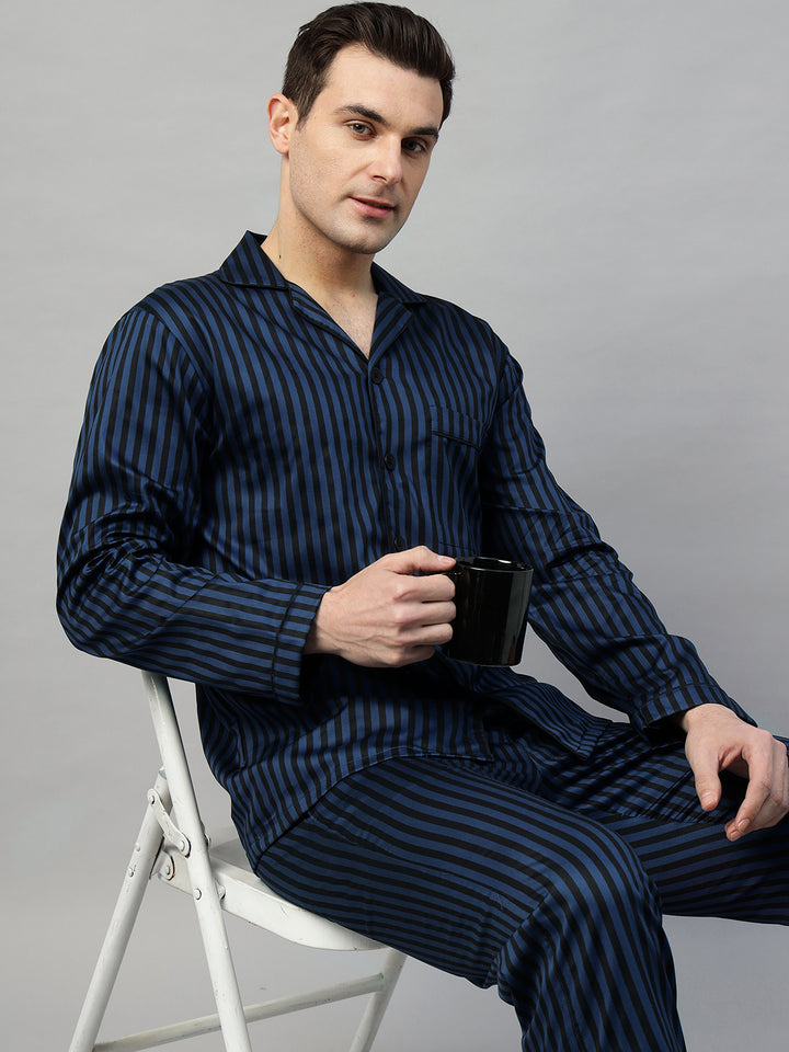 Hancock Men Blue & Black Stripe Pure Cotton Relaxed Fit Night Wear Night Suit