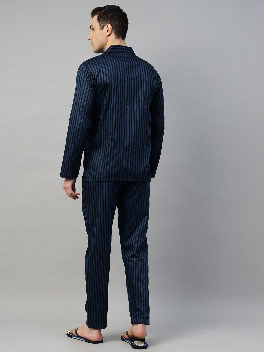 Hancock Men Blue & Black Stripe Pure Cotton Relaxed Fit Night Wear Night Suit