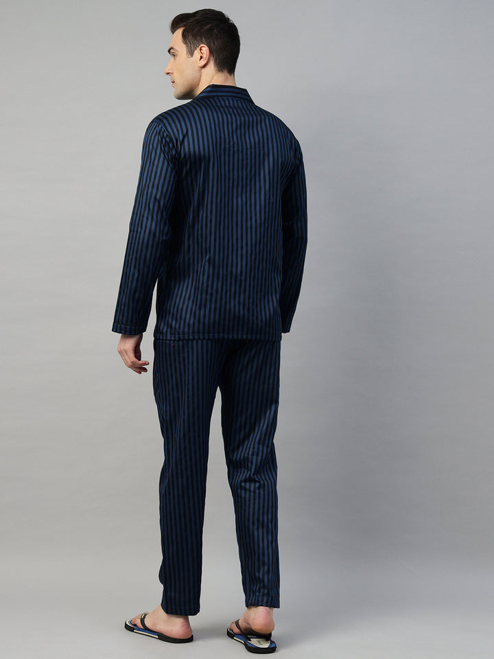 Hancock Men Blue & Black Stripe Pure Cotton Relaxed Fit Night Wear Night Suit
