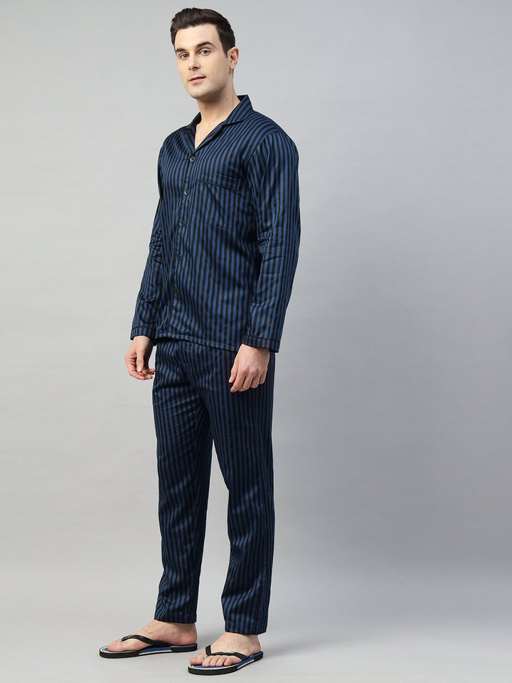 Hancock Men Blue & Black Stripe Pure Cotton Relaxed Fit Night Wear Night Suit
