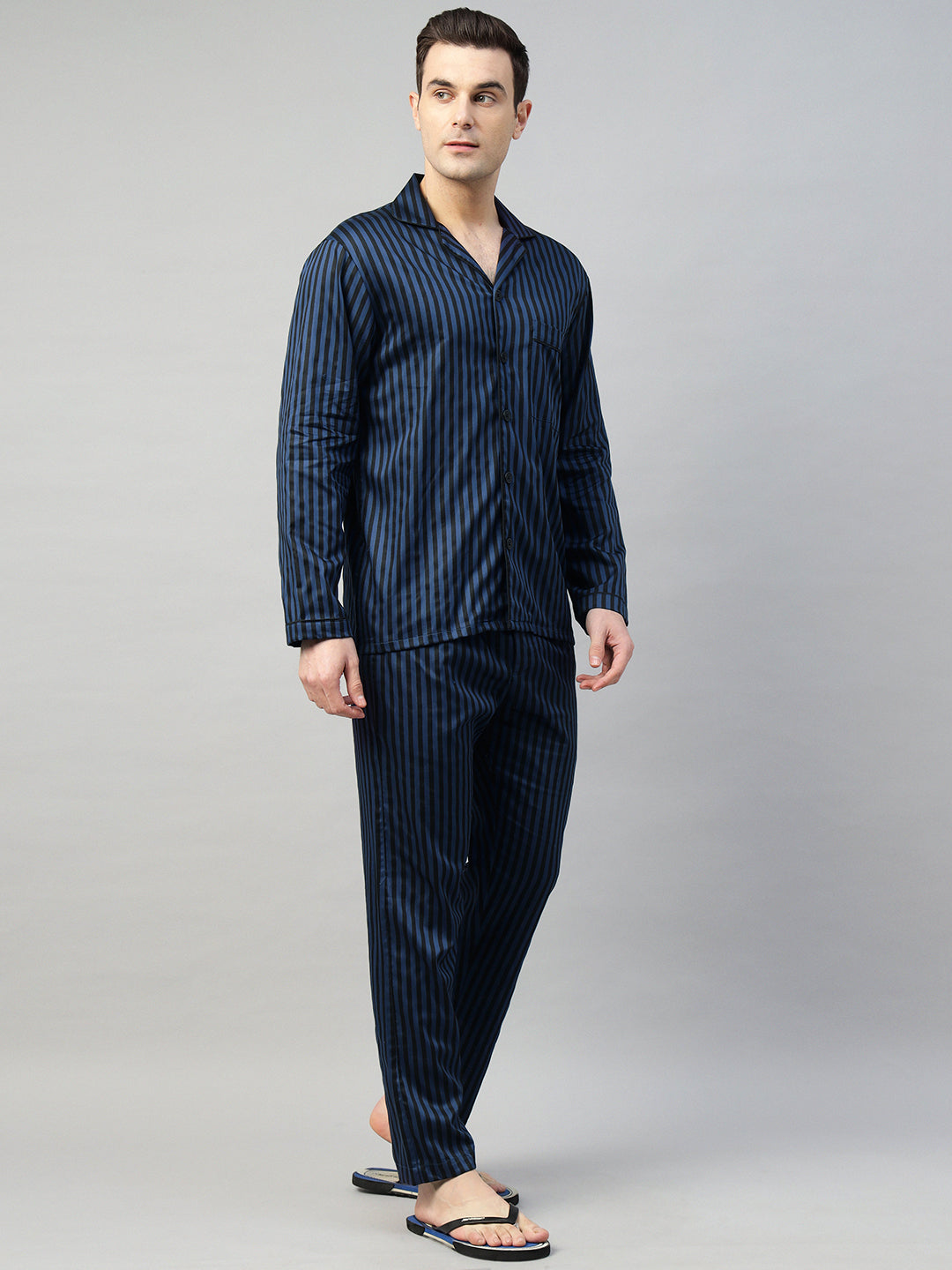 Hancock Men Blue & Black Stripe Pure Cotton Relaxed Fit Night Wear Night Suit