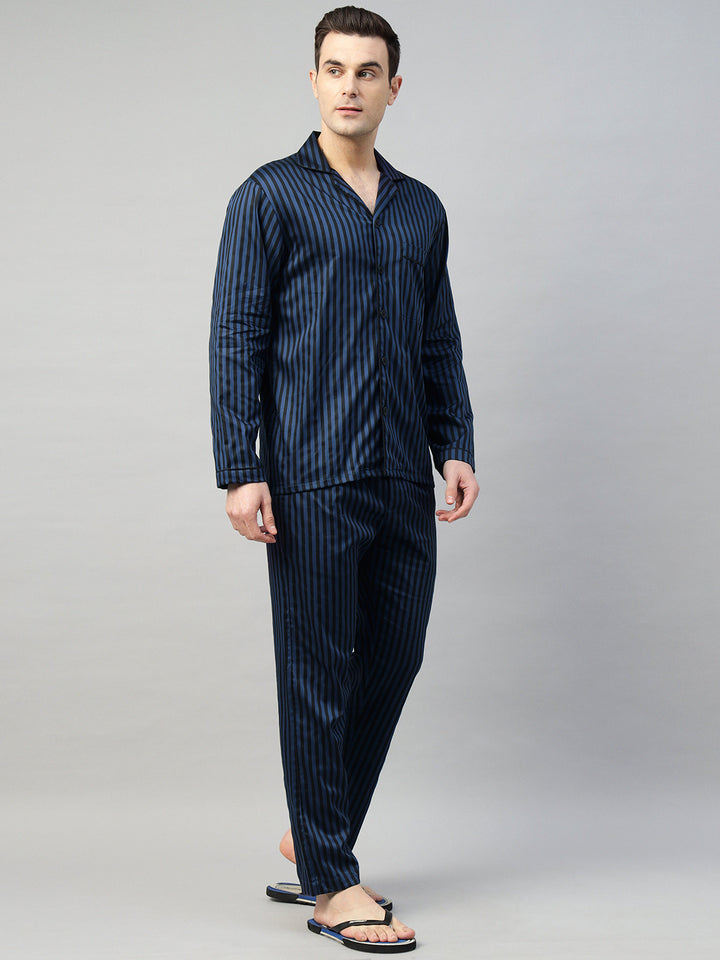 Hancock Men Blue & Black Stripe Pure Cotton Relaxed Fit Night Wear Night Suit
