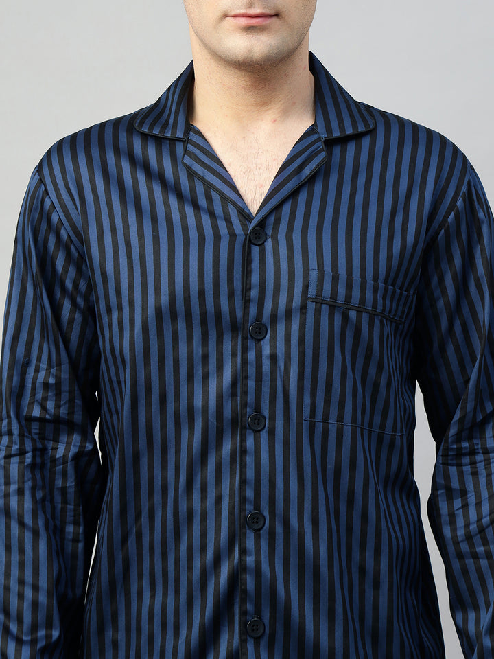 Hancock Men Blue & Black Stripe Pure Cotton Relaxed Fit Night Wear Night Suit