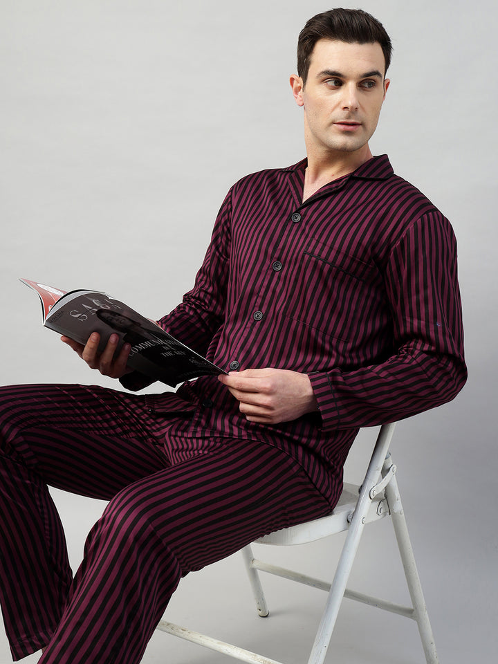Hancock Men Maroon & Black Stripe Pure Cotton Relaxed Fit Night Wear Night Suit