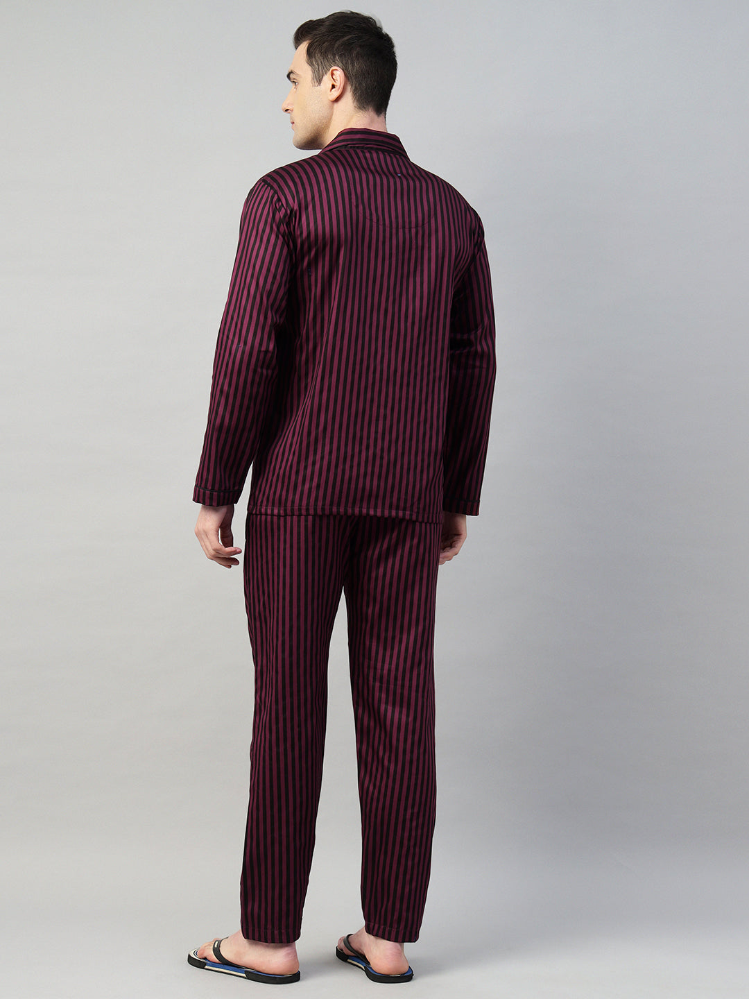 Hancock Men Maroon & Black Stripe Pure Cotton Relaxed Fit Night Wear Night Suit
