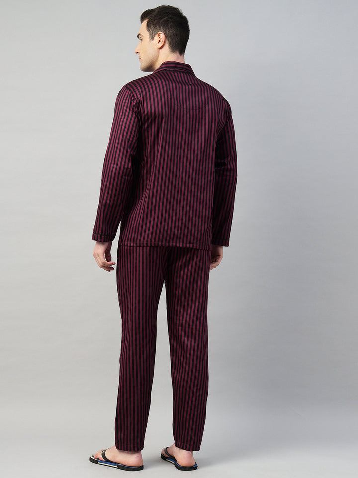 Hancock Men Maroon & Black Stripe Pure Cotton Relaxed Fit Night Wear Night Suit