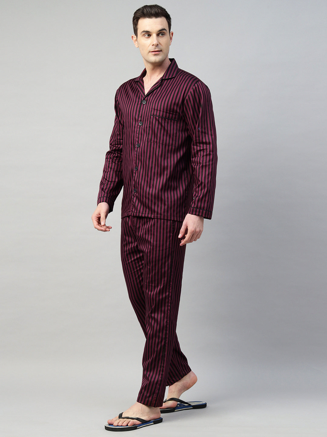 Hancock Men Maroon & Black Stripe Pure Cotton Relaxed Fit Night Wear Night Suit