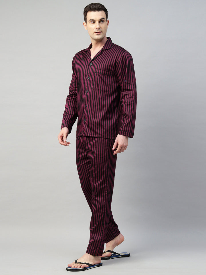 Hancock Men Maroon & Black Stripe Pure Cotton Relaxed Fit Night Wear Night Suit