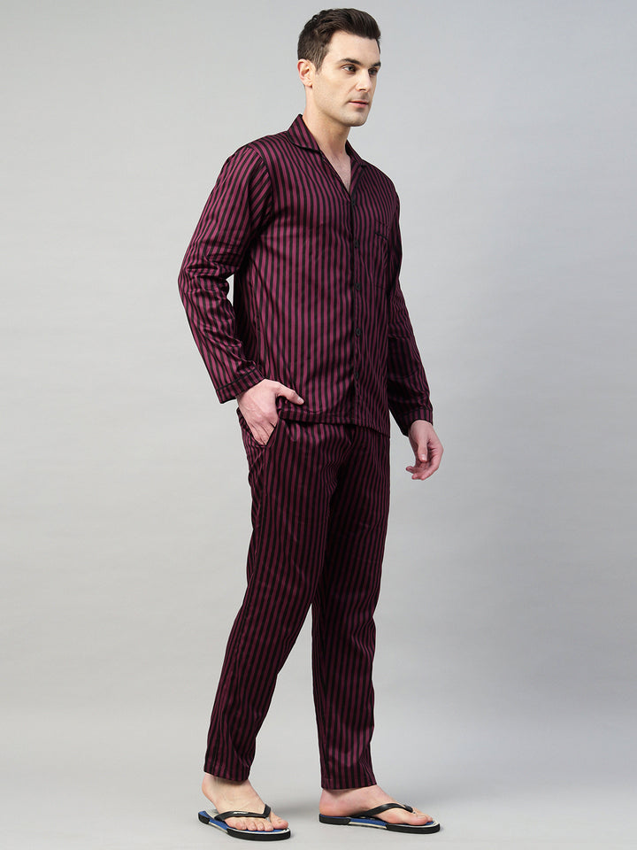 Hancock Men Maroon & Black Stripe Pure Cotton Relaxed Fit Night Wear Night Suit