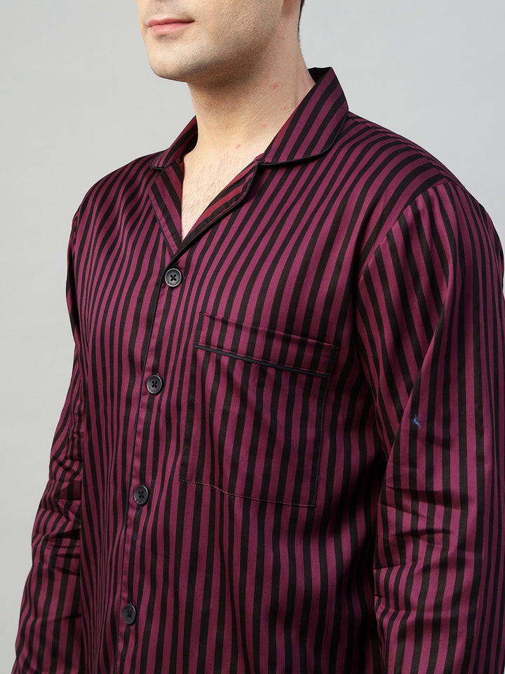 Hancock Men Maroon & Black Stripe Pure Cotton Relaxed Fit Night Wear Night Suit