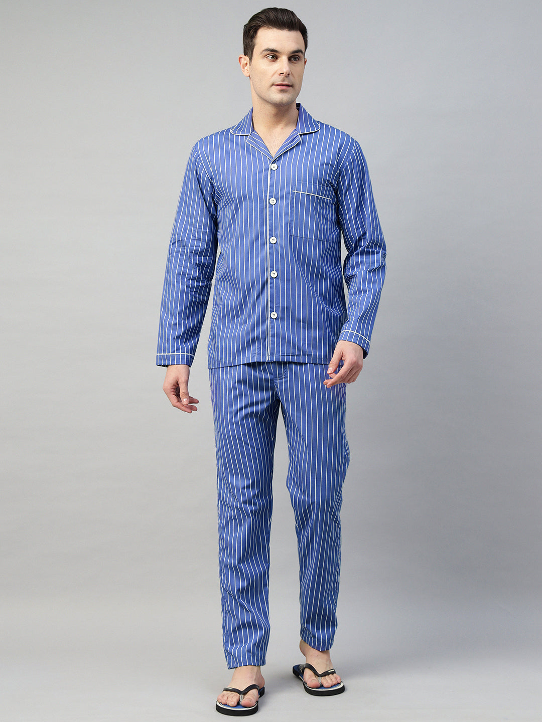 Hancock Men Blue & White Stripe Pure Cotton Relaxed Fit Night Wear Night Suit
