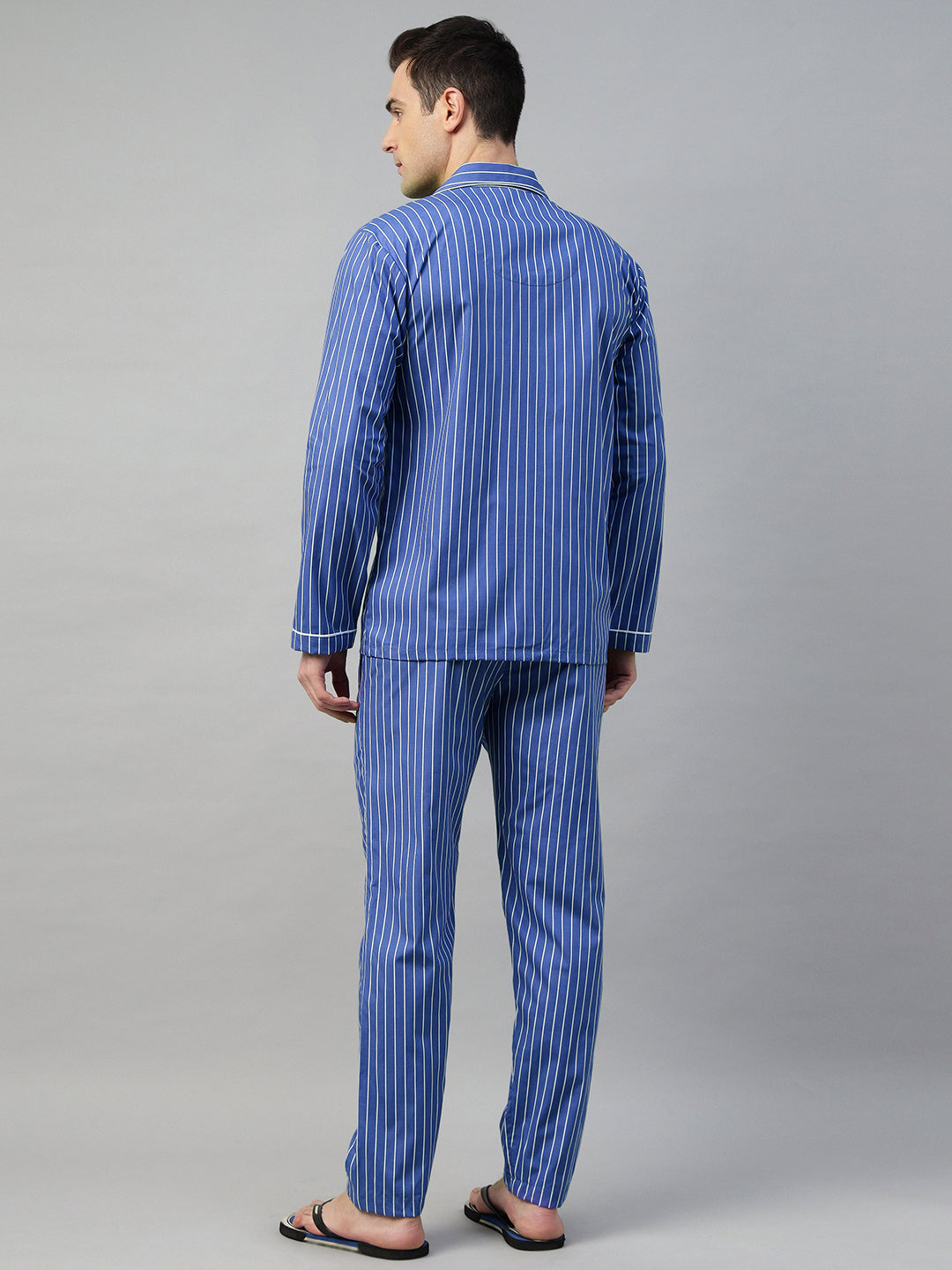 Hancock Men Blue & White Stripe Pure Cotton Relaxed Fit Night Wear Night Suit