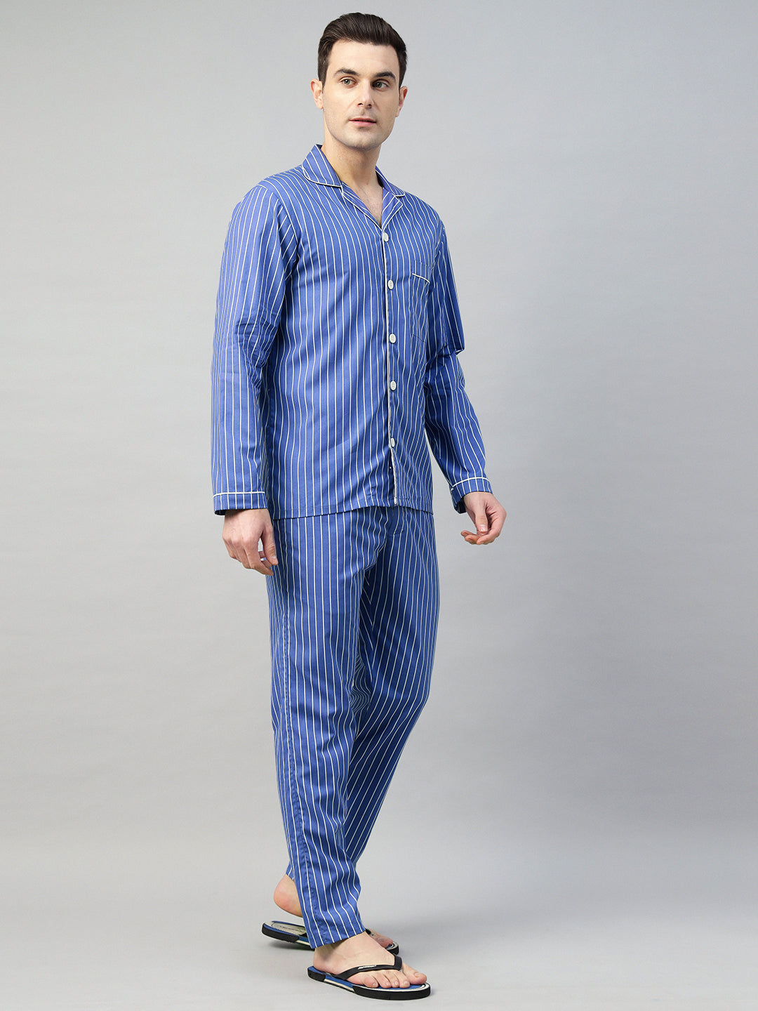 Hancock Men Blue & White Stripe Pure Cotton Relaxed Fit Night Wear Night Suit