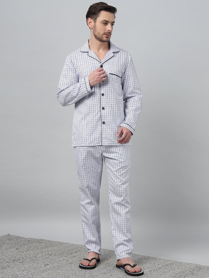 Hancock Men White Check Lapel Collar Relaxed Fit Casual Night Wear