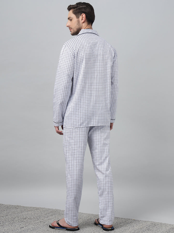 Hancock Men White Check Lapel Collar Relaxed Fit Casual Night Wear