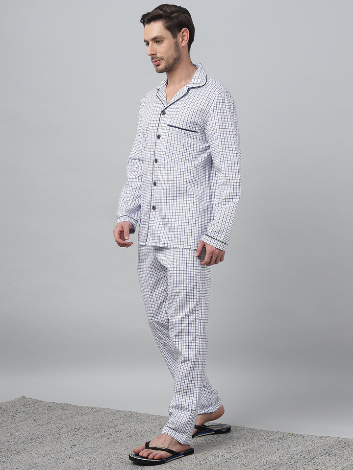 Hancock Men White Check Lapel Collar Relaxed Fit Casual Night Wear