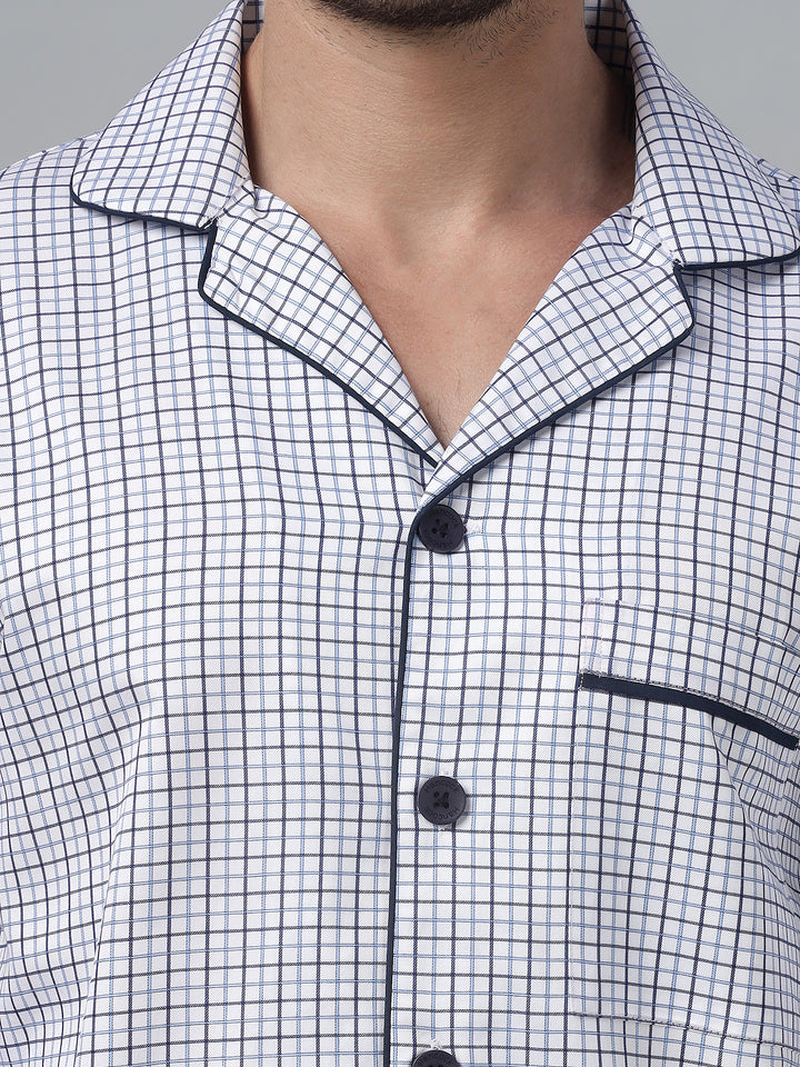Hancock Men White Check Lapel Collar Relaxed Fit Casual Night Wear