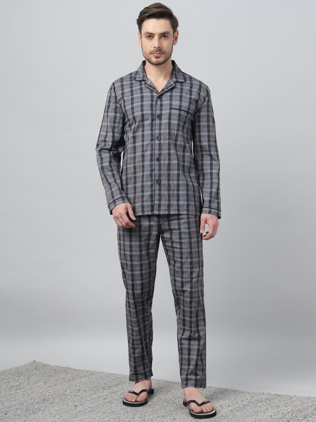 Hancock Men Navy Blue Check Lapel Collar Relaxed Fit Casual Night Wear