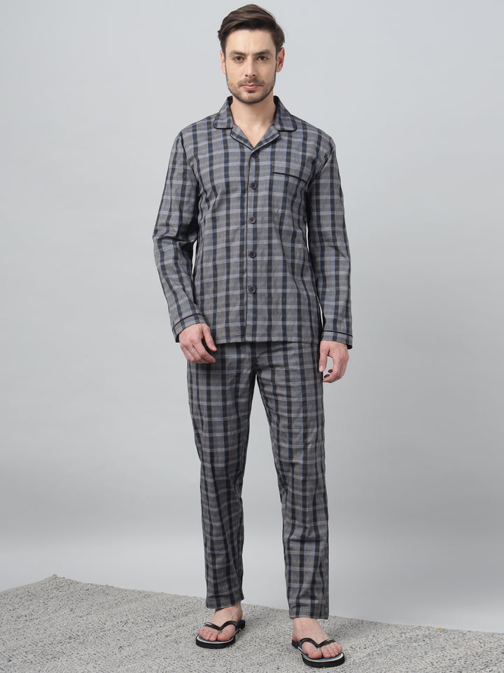 Hancock Men Navy Blue Check Lapel Collar Relaxed Fit Casual Night Wear