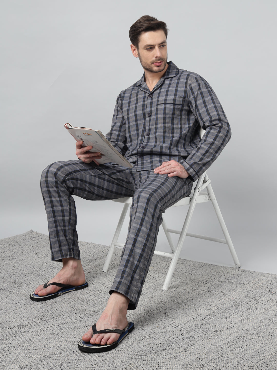 Hancock Men Navy Blue Check Lapel Collar Relaxed Fit Casual Night Wear