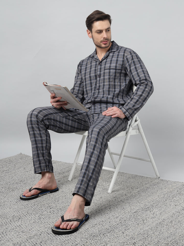 Hancock Men Navy Blue Check Lapel Collar Relaxed Fit Casual Night Wear