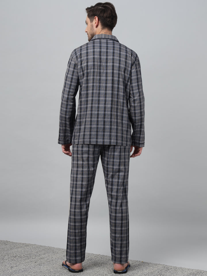 Hancock Men Navy Blue Check Lapel Collar Relaxed Fit Casual Night Wear
