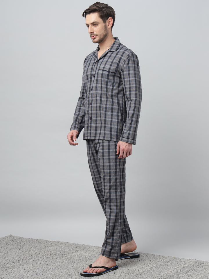 Hancock Men Navy Blue Check Lapel Collar Relaxed Fit Casual Night Wear