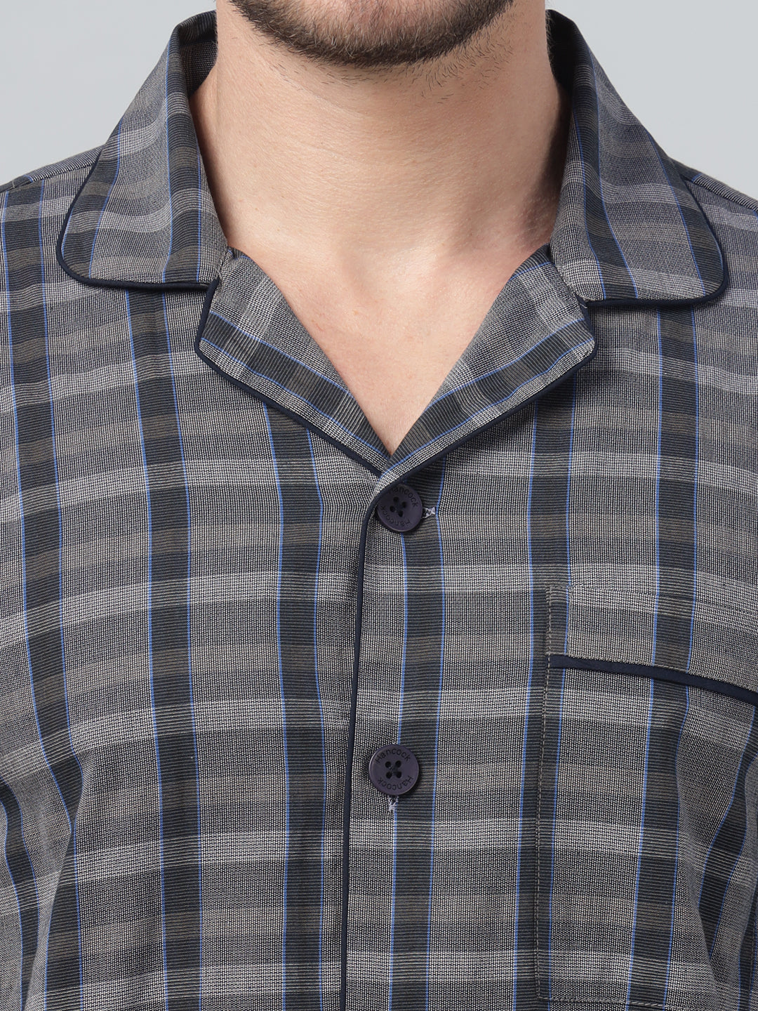 Hancock Men Navy Blue Check Lapel Collar Relaxed Fit Casual Night Wear