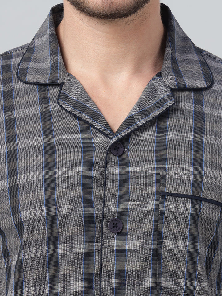 Hancock Men Navy Blue Check Lapel Collar Relaxed Fit Casual Night Wear