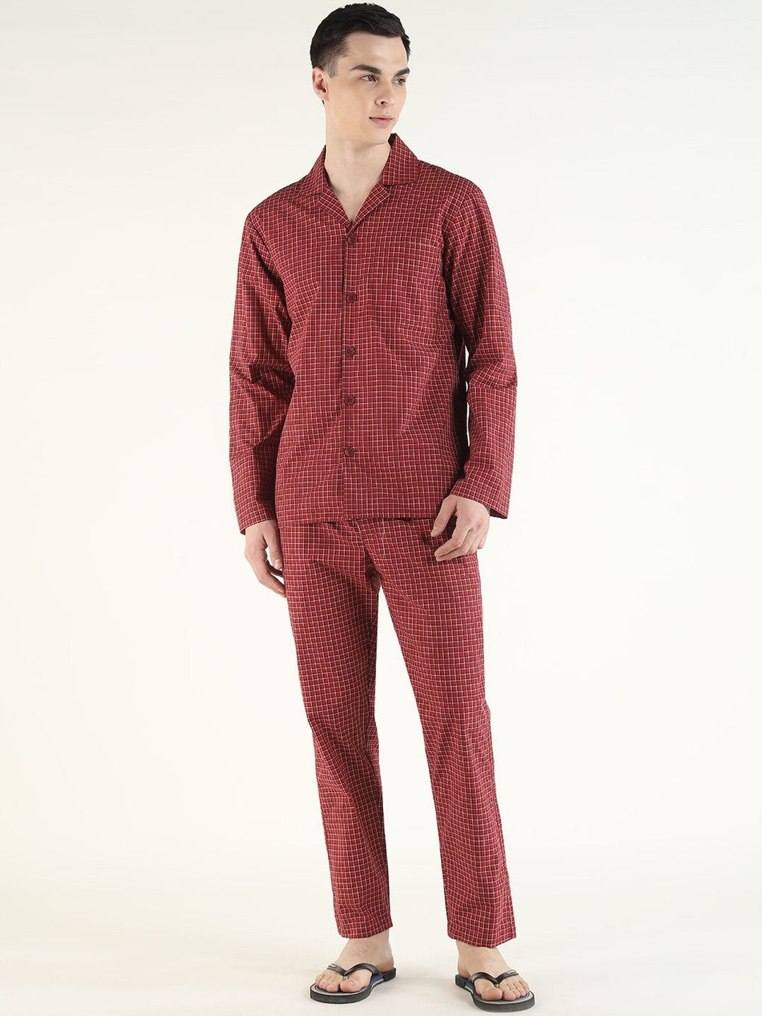 Hancock Men Red Checked Pure Cotton Relaxed Fit Casual Night Suit