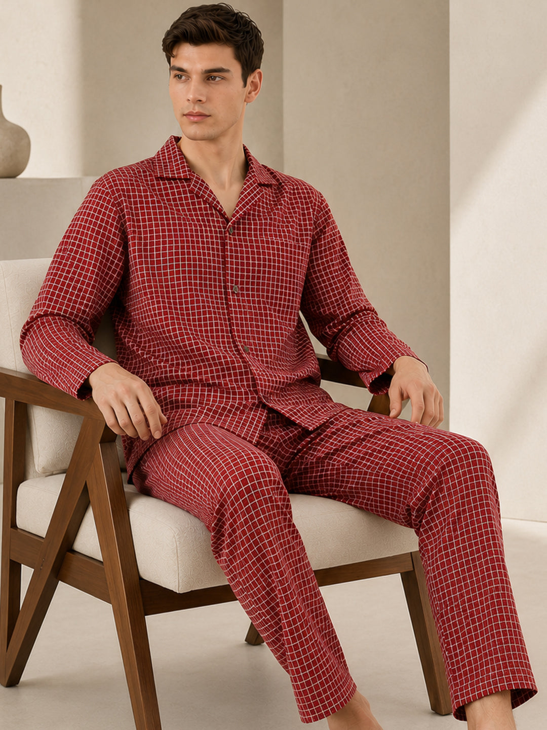 Hancock Men Red Checked Pure Cotton Relaxed Fit Casual Night Suit