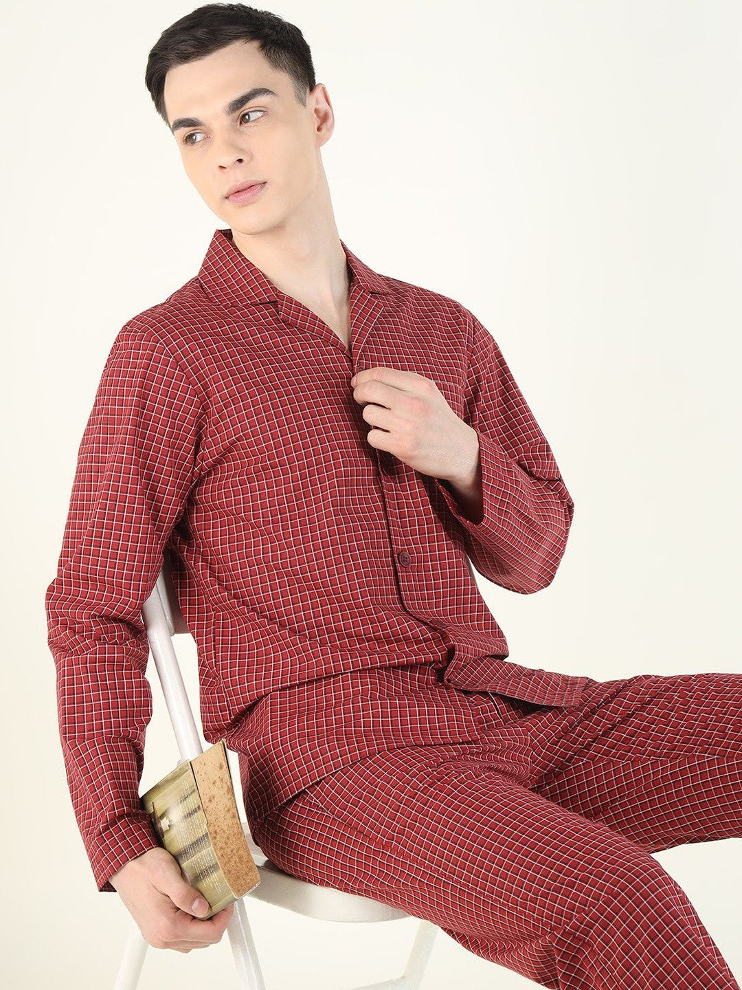 Hancock Men Red Checked Pure Cotton Relaxed Fit Casual Night Suit