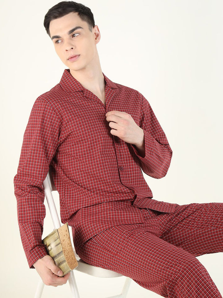 Hancock Men Red Checked Pure Cotton Relaxed Fit Casual Night Suit