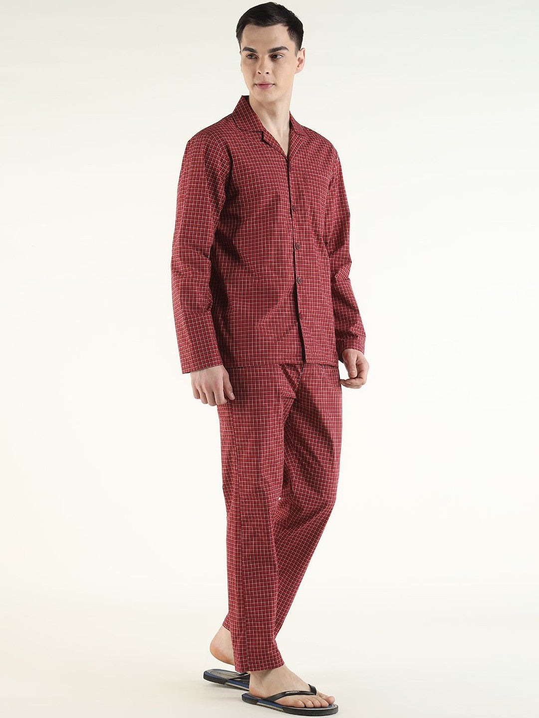 Hancock Men Red Checked Pure Cotton Relaxed Fit Casual Night Suit