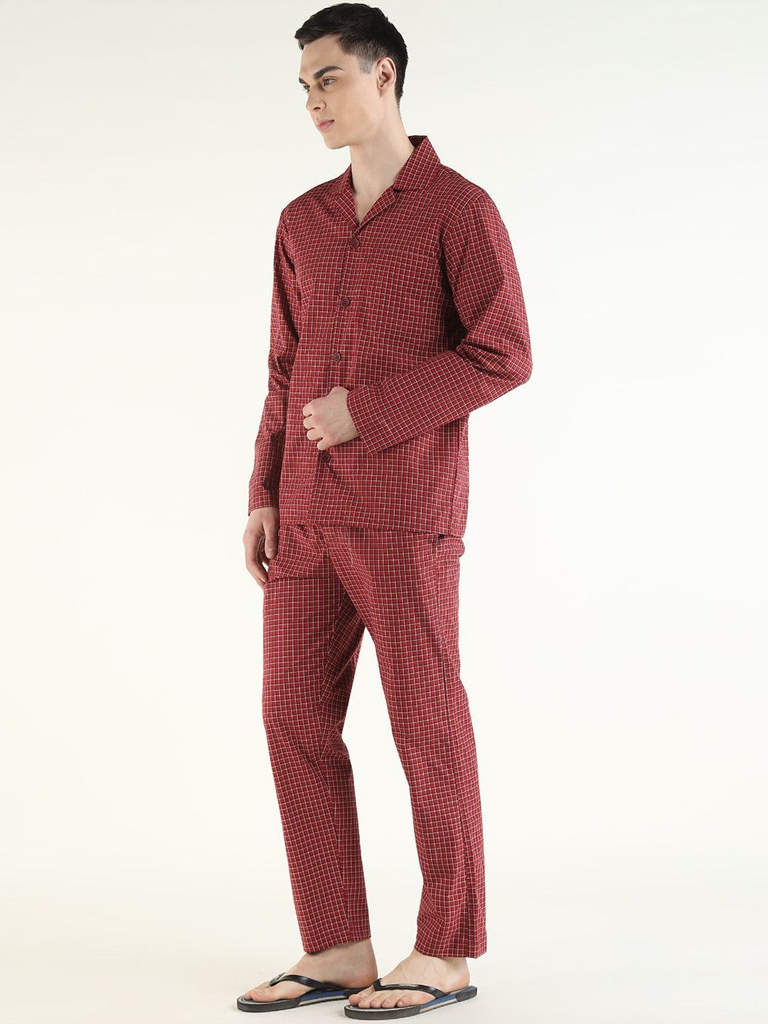 Hancock Men Red Checked Pure Cotton Relaxed Fit Casual Night Suit