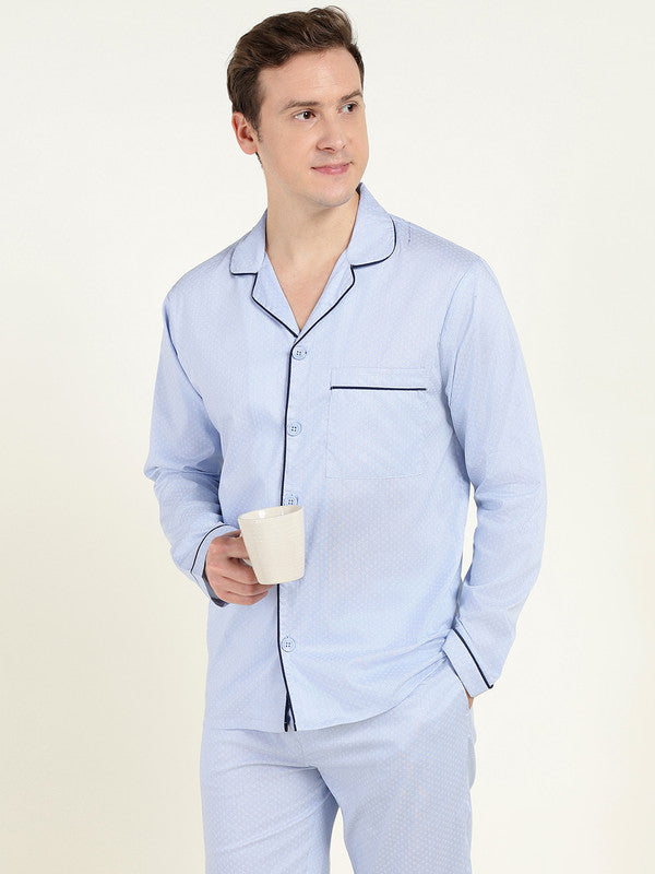 Men Blue Printed Pure Cotton Relaxed Fit Night Suit