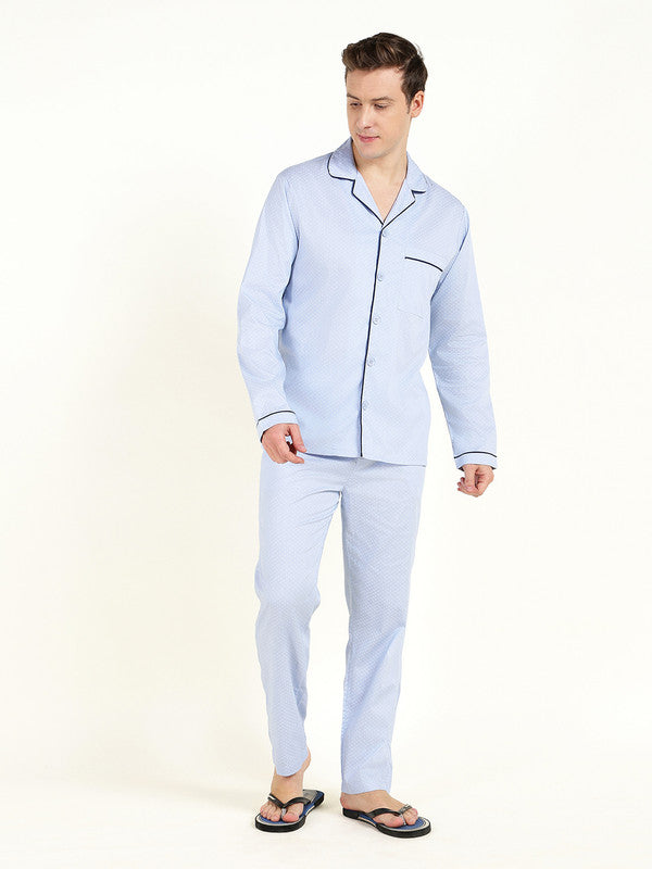 Men Blue Printed Pure Cotton Relaxed Fit Night Suit