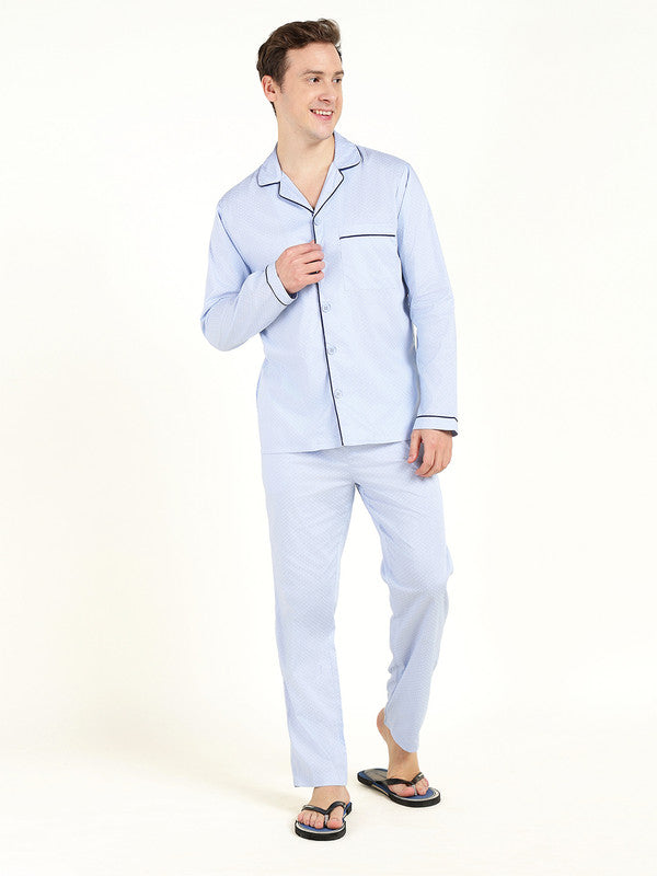 Men Blue Printed Pure Cotton Relaxed Fit Night Suit