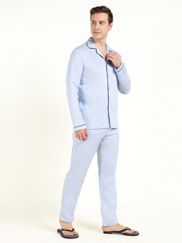 Men Blue Printed Pure Cotton Relaxed Fit Night Suit