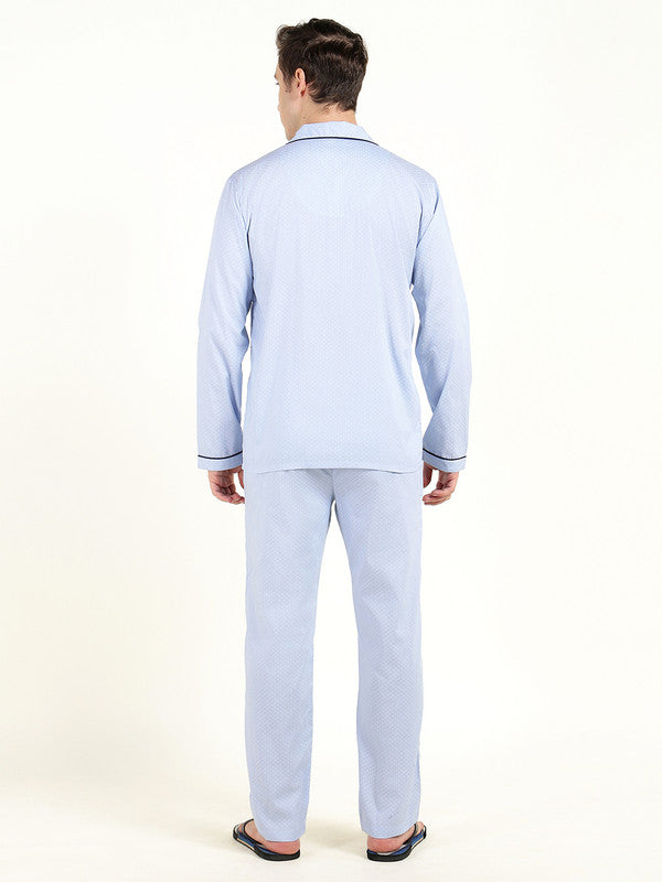 Men Blue Printed Pure Cotton Relaxed Fit Night Suit
