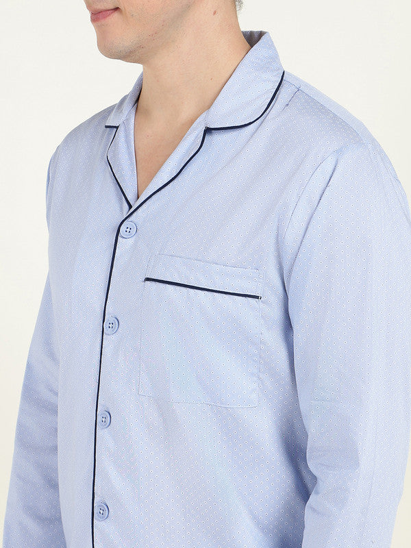 Men Blue Printed Pure Cotton Relaxed Fit Night Suit