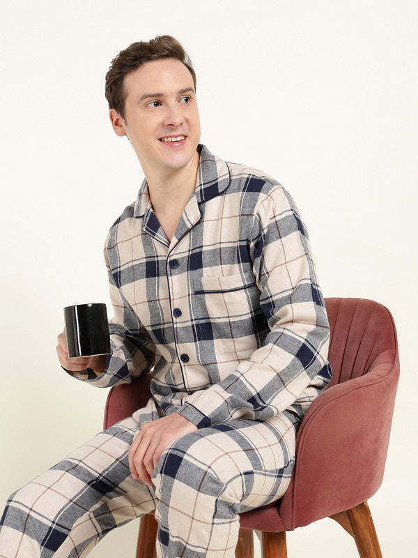 Men Beige & Navy Blue Checked Pure Cotton Relaxed Fit Night Suit