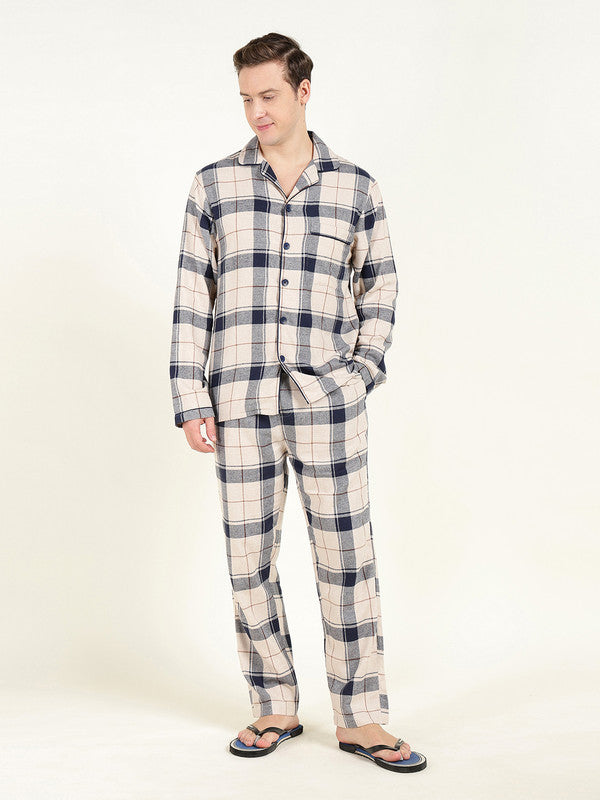 Men Beige & Navy Blue Checked Pure Cotton Relaxed Fit Night Suit