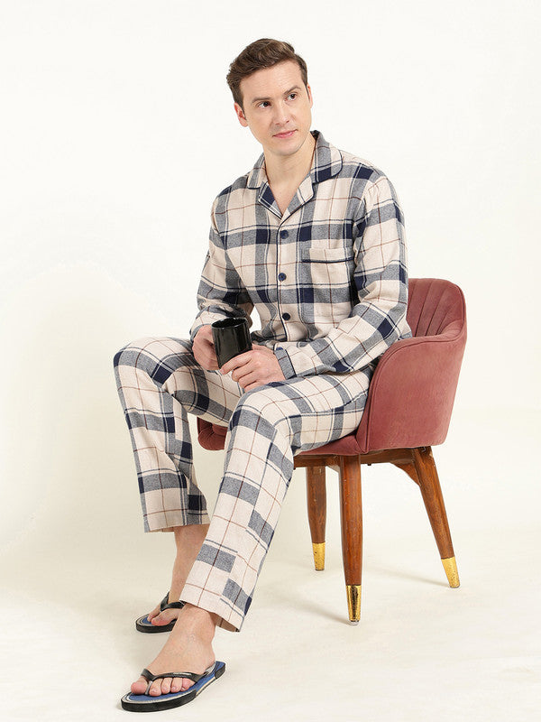 Men Beige & Navy Blue Checked Pure Cotton Relaxed Fit Night Suit