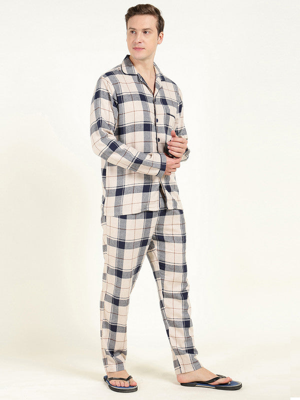 Men Beige & Navy Blue Checked Pure Cotton Relaxed Fit Night Suit