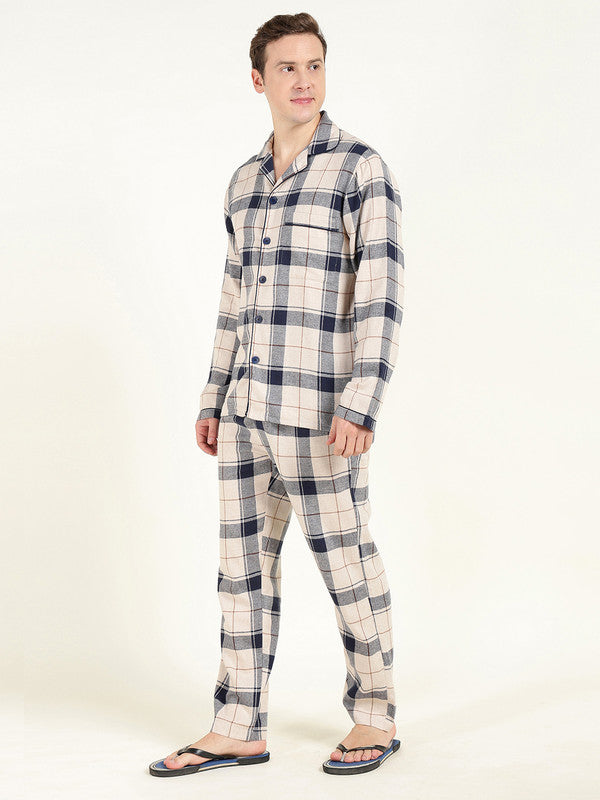 Men Beige & Navy Blue Checked Pure Cotton Relaxed Fit Night Suit