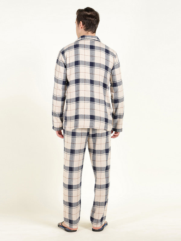 Men Beige & Navy Blue Checked Pure Cotton Relaxed Fit Night Suit